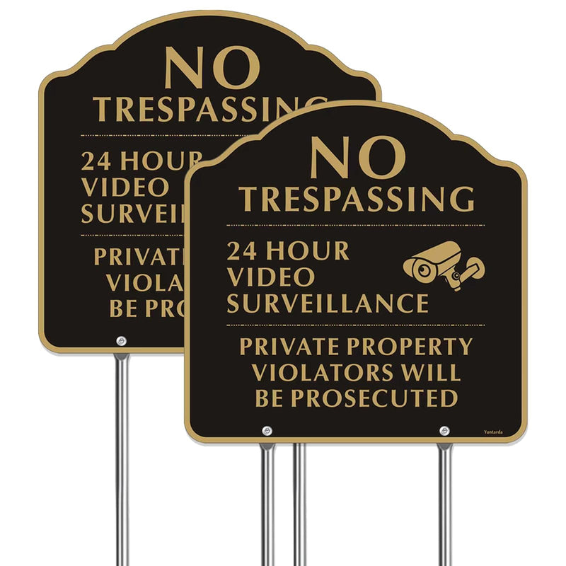 No Trespassing Signs with 12" Stake,Yuntarda 12”x12”(2-Pack) Private Property Video Surveillance Signs Aluminum Metal Sign UV Print Weather Resistant for House or Home Black-Video Surveillance with 12" Stake-2pcs