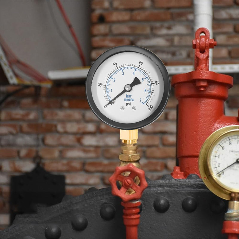 [Australia - AusPower] - Editbar Pressure Gauge 62 mm 0-7 Bar 0~100 Psi, Well Pump Pressure Gauge, Black Dial, 1/4 Inch BSP Nipple Copper Adapter with 1/2 Inch BSP and 3/8 Inch BSP Brass Socket Adapter and Teflon Strap 
