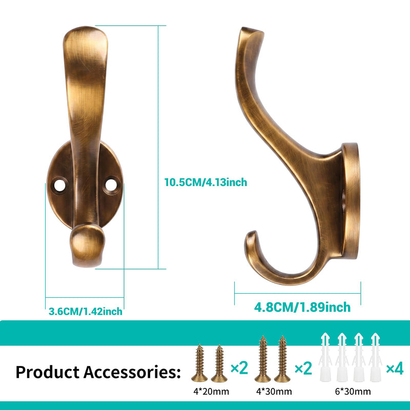 Heavy Duty Wall Hooks, Black, Metal Mounting Hardware, 6-Pack, Double Prong Design, Decorative Coat Hangers with Screws, Anchors Coffee