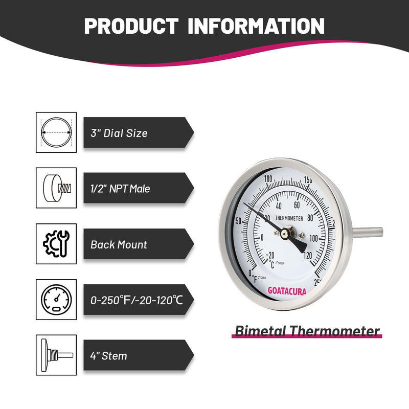 [Australia - AusPower] - Bimetal Thermometer, Full Stainless Steel, 3" Dial Size, 4" Stem, 1/2" NPT Back Mount, 0-250 Deg F/-20-120 Deg C, 1% Accuracy L=4" 