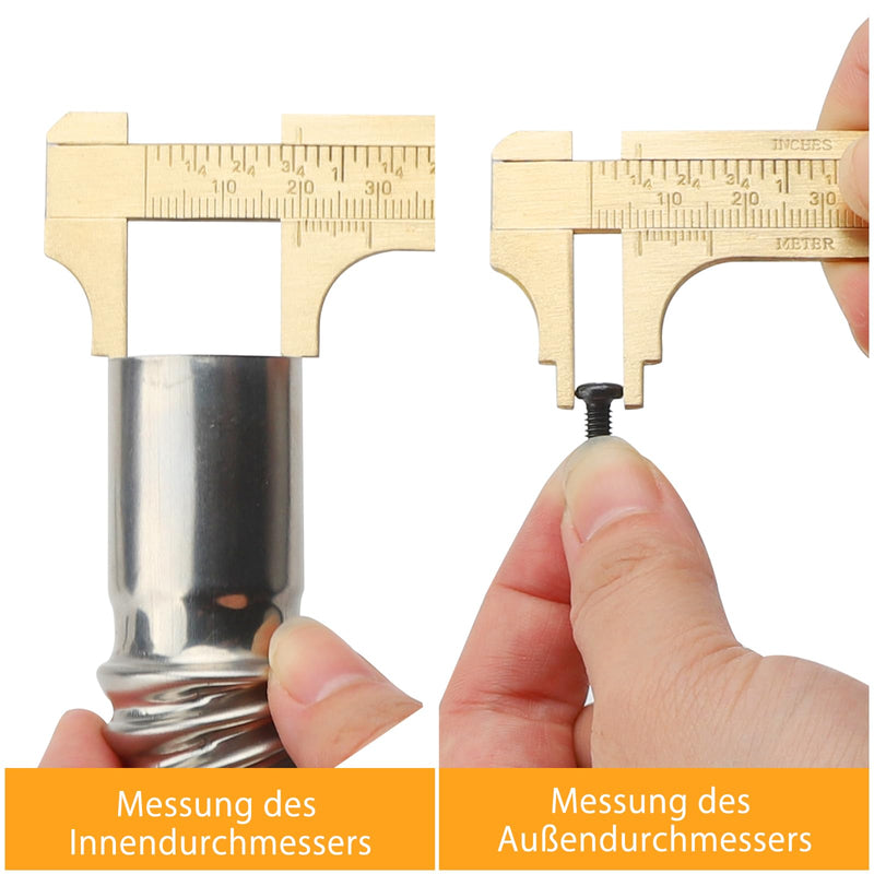 [Australia - AusPower] - UOCAI Pack of 2 Small Callipers, Analogue, Handy Push Gauge, Mini Brass Sliding Gauge, Double Scale, Pocket Ruler, for Jewellery, Woodworking, Inch Measuring Tool Ruler, 100 mm 
