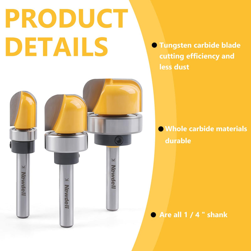 [Australia - AusPower] - Newdeli 3Pcs Bowl and Tray Template Router Bit Set 1/4 Inch Shank Carbide Juice Groove Round Nose Router Bit with Bearing 1/2",3/4",1-1/8" Dish Carving Router Bits Wood Cutter 3Pcs Bowl and Tray Router Bit Set 
