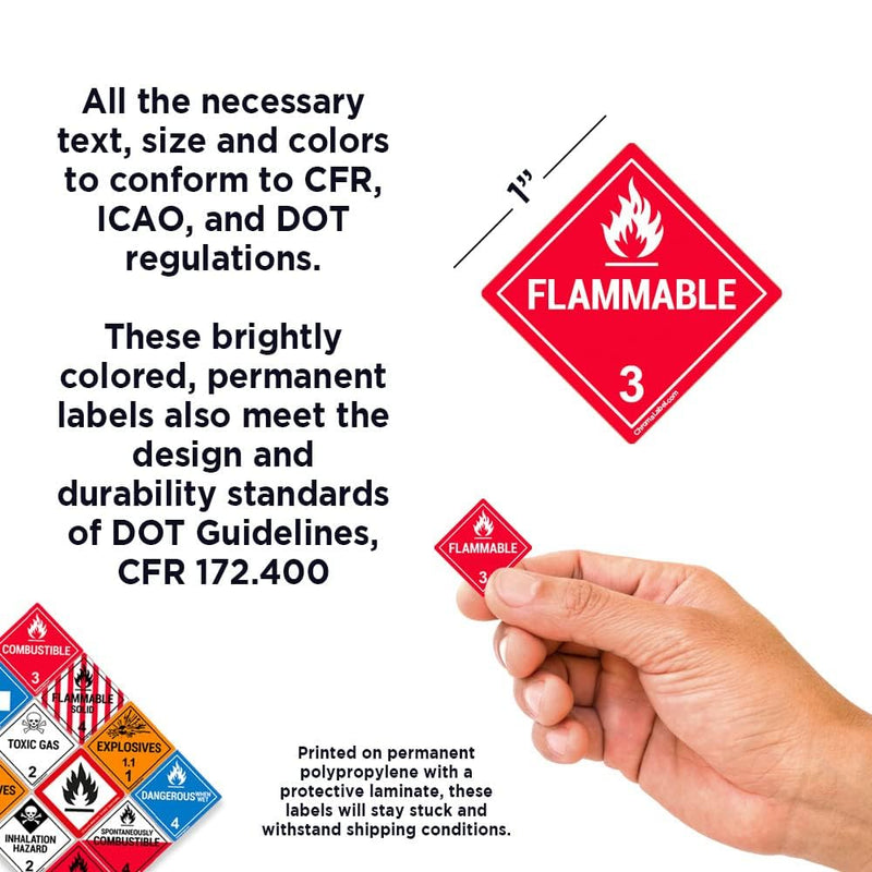 ChromaLabel 1 Inch Permanent Durable Square D.O.T. Hazard Labels, Class 3 Flammable, 250/Roll 1" x 1"