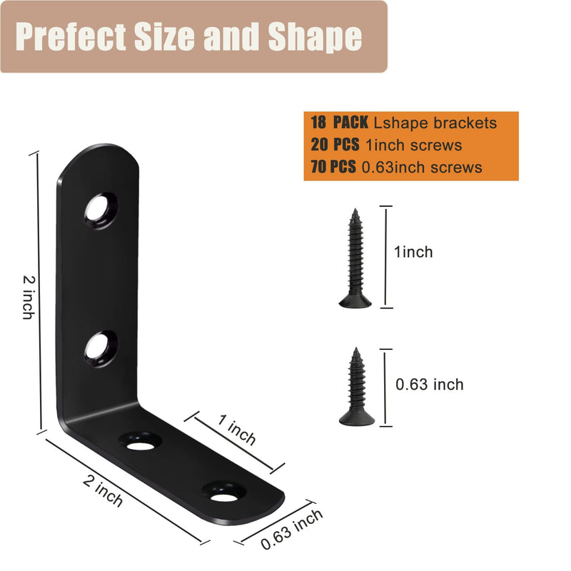 [Australia - AusPower] - 18-Pack L Shape Corner Brackets, Stainless Steel Metal Angle Braces for Wood Furniture, Heavy Duty Black 2 inch Shelf Bracket with Long Screws for Household Project (L Shape Black) L Shape Black 