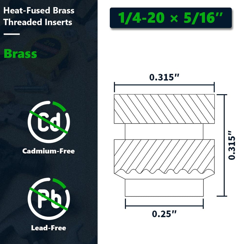 [Australia - AusPower] - 1/4-20 Brass Threaded Inserts (30-Pack), Heat Set Knurled Nuts for 3D Printing & Plastics, 5/16" Height, Female Threaded Brass Inserts 1/4-20 x 5/16 H x 5/16 D 