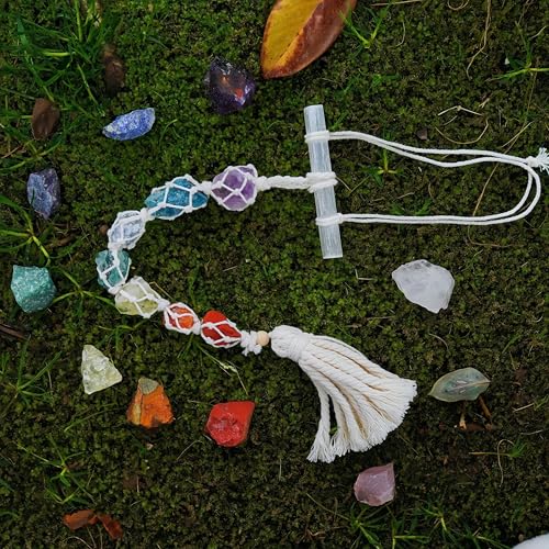 Selenite Crystal Hanging Chakra Wall Decor, Handmade Large 7 Healing Natural Stones, Spiritual Good Luck Ornament for Yoga Meditation Accessories Reiki Anxiety Relief, Gift for Women and Kids