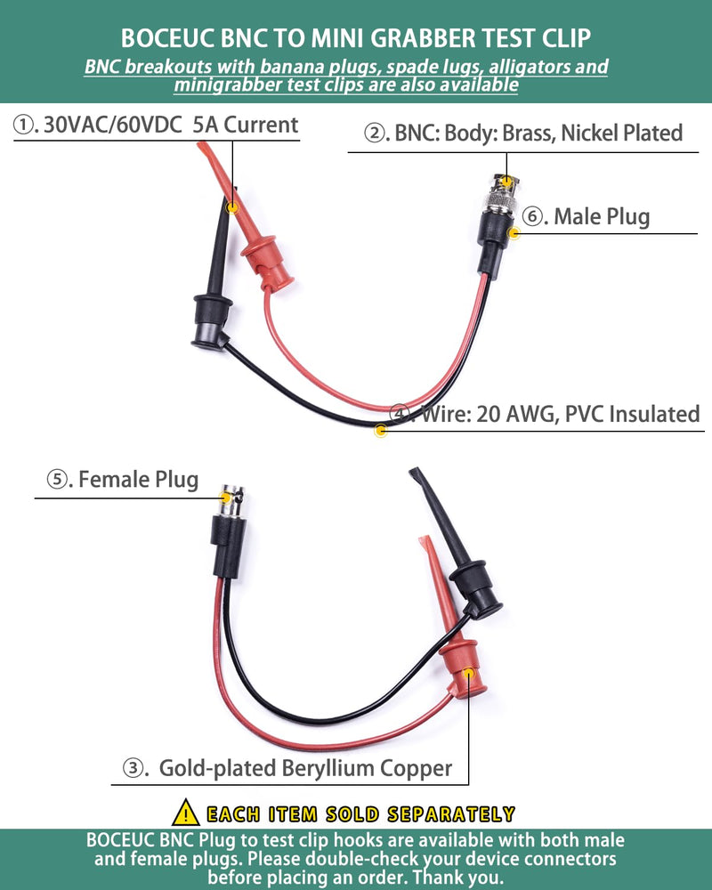 [Australia - AusPower] - BNC Test Leads, BNC(Male) to Mini Grabber Test Clip, Test Lead Breakout Cable for Multimeter, 5A Current Rating, 1 Pack Male Plug 
