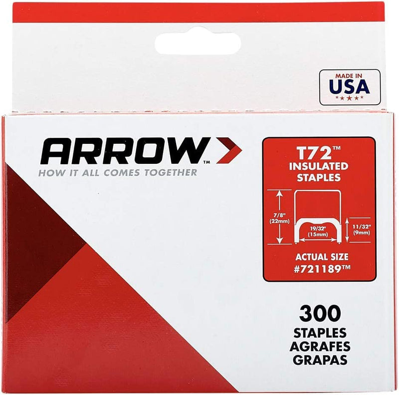 Arrow 721189 T72 Heavy Duty Steel Insulated Staples for Installing Cable/Wiring, 11/32-Inch Leg Length, 19/32-Inch Crown, 300-Pack