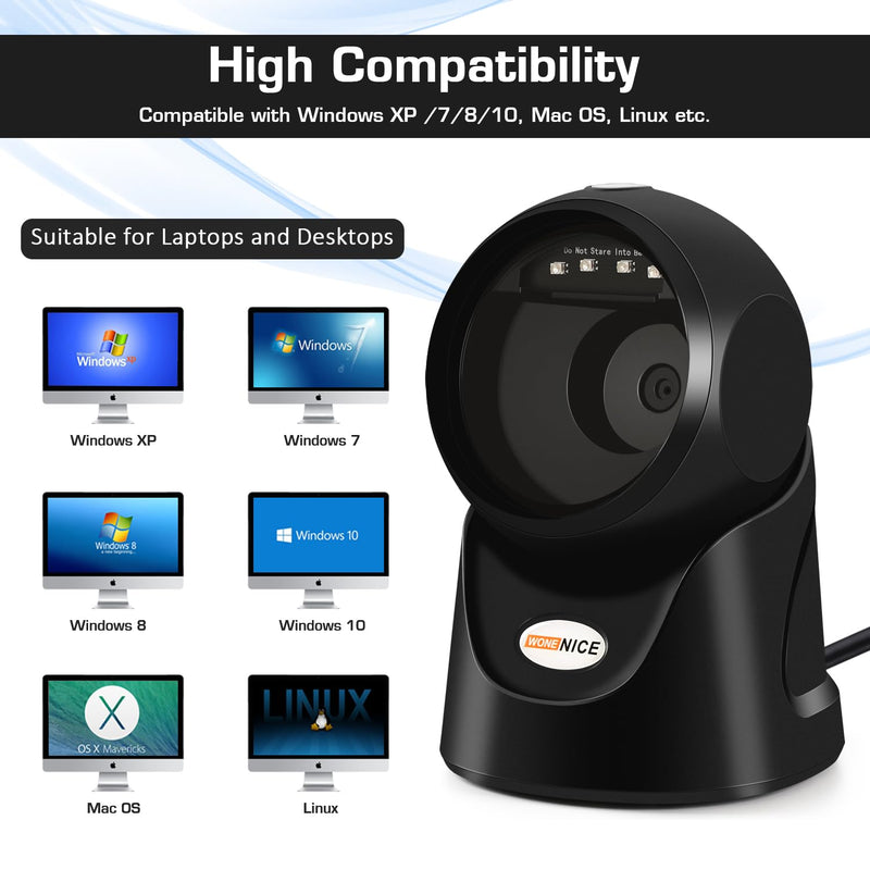 [Australia - AusPower] - WoneNice Automatic Omnidirectional Barcode Scanner, Desktop 1D 2D QR Code Scanner, Hands-Free USB Wired Image Reader for Warehouse Retail Supermarket Books & Inventory 