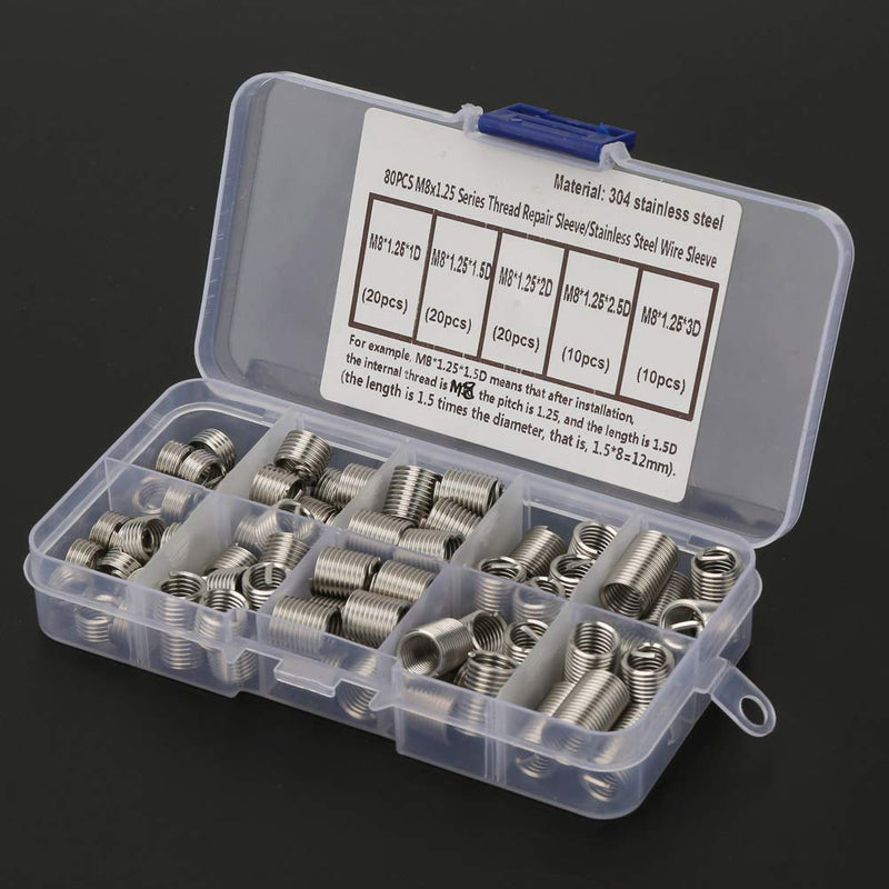 [Australia - AusPower] - 80Pcs M8x1.25 Threaded Inserts, Stainless Steel Thread Drill Repair Insert Sleeve with Storage Box 