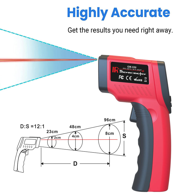 [Australia - AusPower] - Digital Infrared Thermometer, Laser Temperature Gun -58℉～1022℉(-50℃～550℃) IR Thermometer Gun with Adjustable Emissivity, Temp Gun Thermometer for Cooking, BBQ, Oven & Engine (Not for Human Body Temp) GM-550 Red 