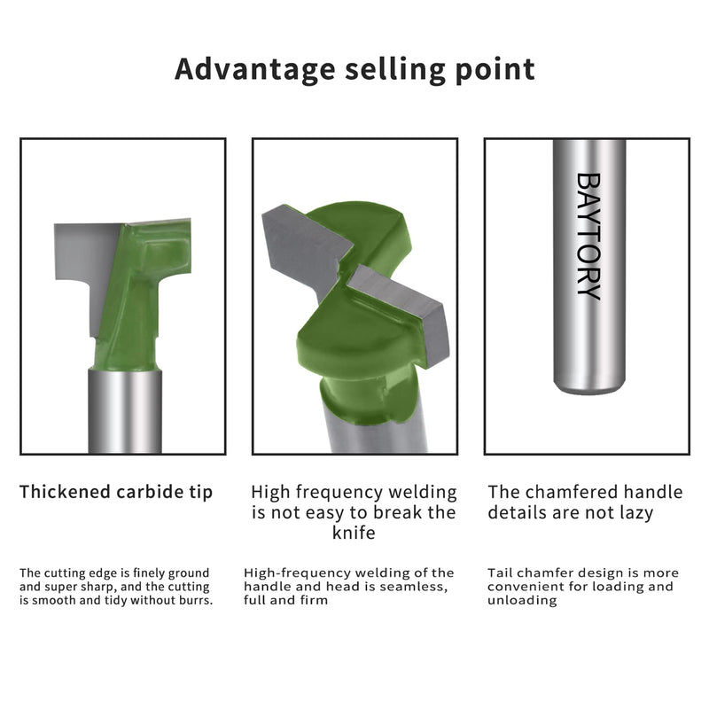 BAYTORY 6Pcs Keyhole Router Bits Set, 1/4" Shank Router Keyhole Bit Set -1/4 & 5/16 & 3/8 & 9/16 & 1/2 & 5/8 inch Blade Diameter for Wood Hex Bolt T-Track Slotting Milling Cutters Set (Green) 1/4 & 5/16 & 3/8 & 9/16 & 1/2 & 5/8 inch