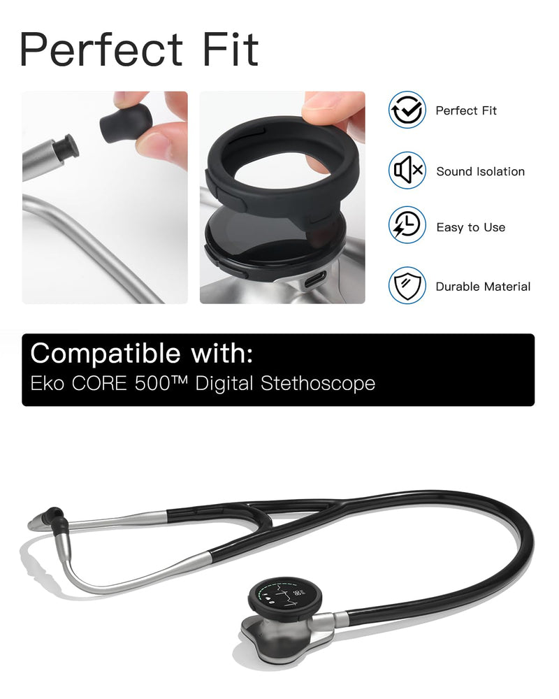 [Australia - AusPower] - Stethoscope Replacement Accessories Set for EKO CORE 500™ Digital Stethoscope, Silicone Stethoscope Chestpiece Cover and Eartips Replacement Parts for Enhanced Comfort (Black) Black 