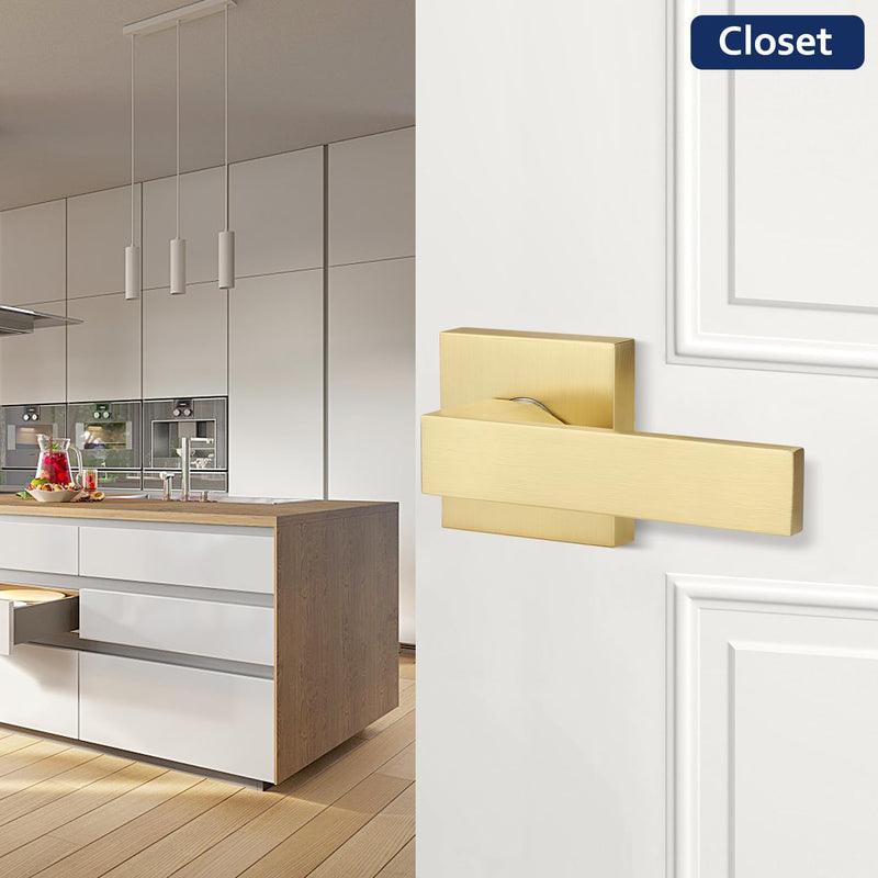 1 Pack Brushed Gold Door Handles, Passage Door Knob Without Lock, Interior Hallway/Closet Door Handle, Keyless Square Door Lever, Left/Right Reversible Satin Brass Passage Door Lever 1
