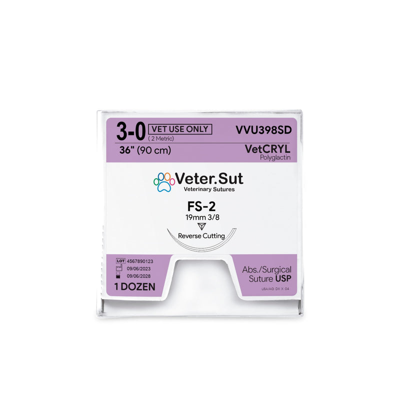 [Australia - AusPower] - VeterSut VetCRYL Absorbable Surgical Suture USP Size 3-0, (FS-2) 3/8 19mm Reverse Cutting Needle, 36 Inches (90 cm), 12 Count, Veterinary Use 