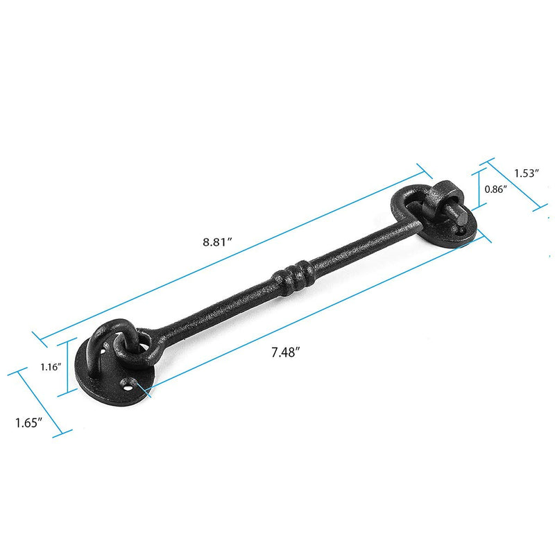 Renovators Supply Manufacturing Black Wrought Iron Cabin Hook Eye 7 Inches Long Decorative Privacy Hook Latches for Kitchen Cabinet, Window, Sliding Or Barn Doors with Mounting Screws 7 Inch