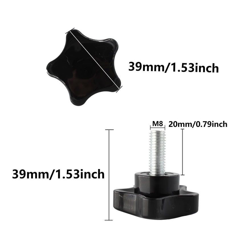 [Australia - AusPower] - 8pcs M8 x 20 mm Star-Shape Head Male Thread Knurled Thumbscrew Screw on Knobs Grip, Black Steel Threaded Hand Bolt Knobs Clamping Screw 