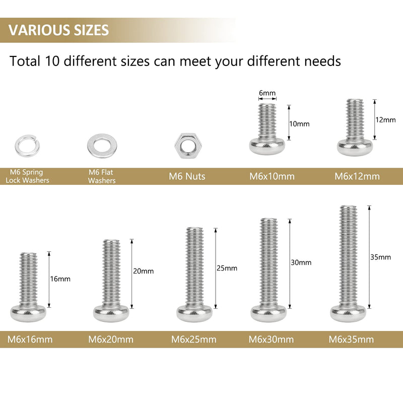 [Australia - AusPower] - 102 Pieces M6 x 10/12 /16/20 /25/30 /35mm Phillips Pan Head Machine Screws Nuts Washers Assortment Kit, 304 Stainless Steel, Fully Machine Thread 
