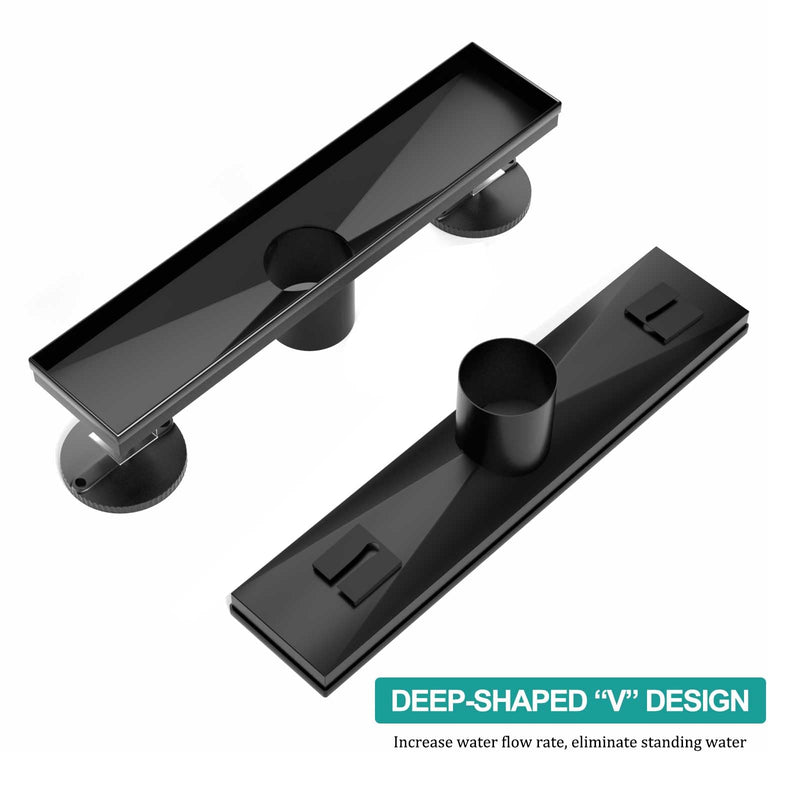 BARONAGE Linear Shower Drain 12 Inch, Reversible Tile Insert, Matte Black | 304 Stainless Steel Linear Drains, Rustproof, Hair Catcher, Rectangle Shower Floor Drain With Leveling Feet For Bathroom