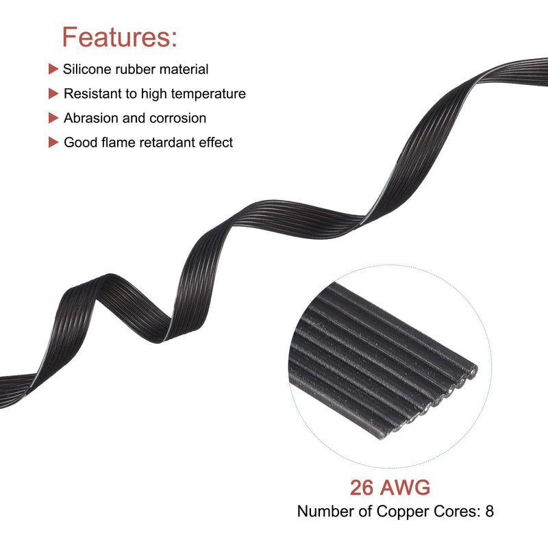 MECCANIXITY 26AWG Silicone Ribbon Cable 8Pin 26 Gauge Flat Cable Flexible Silicone Wire 3m/9.8ft Black Stranded Tinned Copper Wire for Model Plane, Model Car, Electric Appliance 26AWG,9.8ft