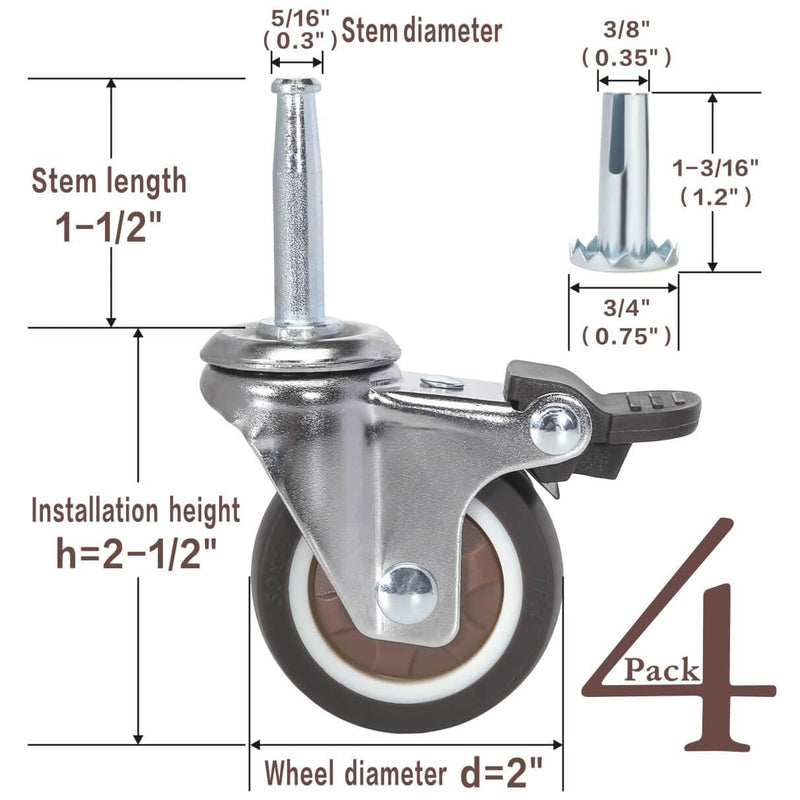 [Australia - AusPower] - JGJC 2" Caster Wheels with Brakes, Rubber Wheel Casters Set of 4 with Socket, (8×38mm) 5/16" × 1-1/2" Swivel Grip Neck Stem Casters Wheels for Furniture, Cabinet/Table, Protective Packaging Included Stem - 2 inch 