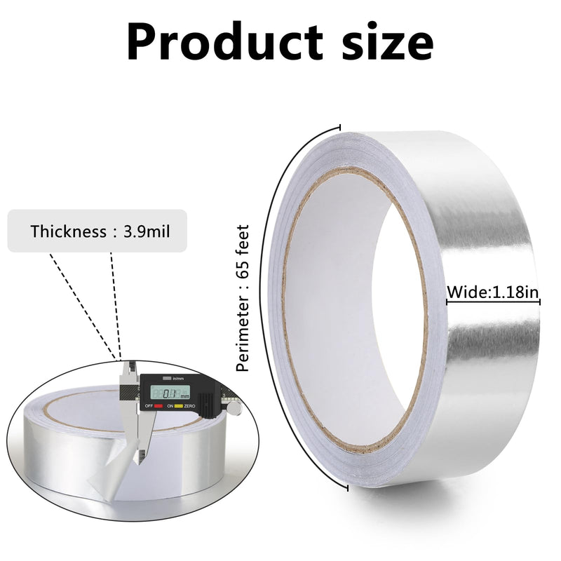 2PCS Aluminum Foil Tape 1.18 Inch 65 Ft 3.9 Mils High, High Temperature Heavy Duty Insulation Tape for Air Ductwork, Dryer Vents, HVAC, Sealing & Patching