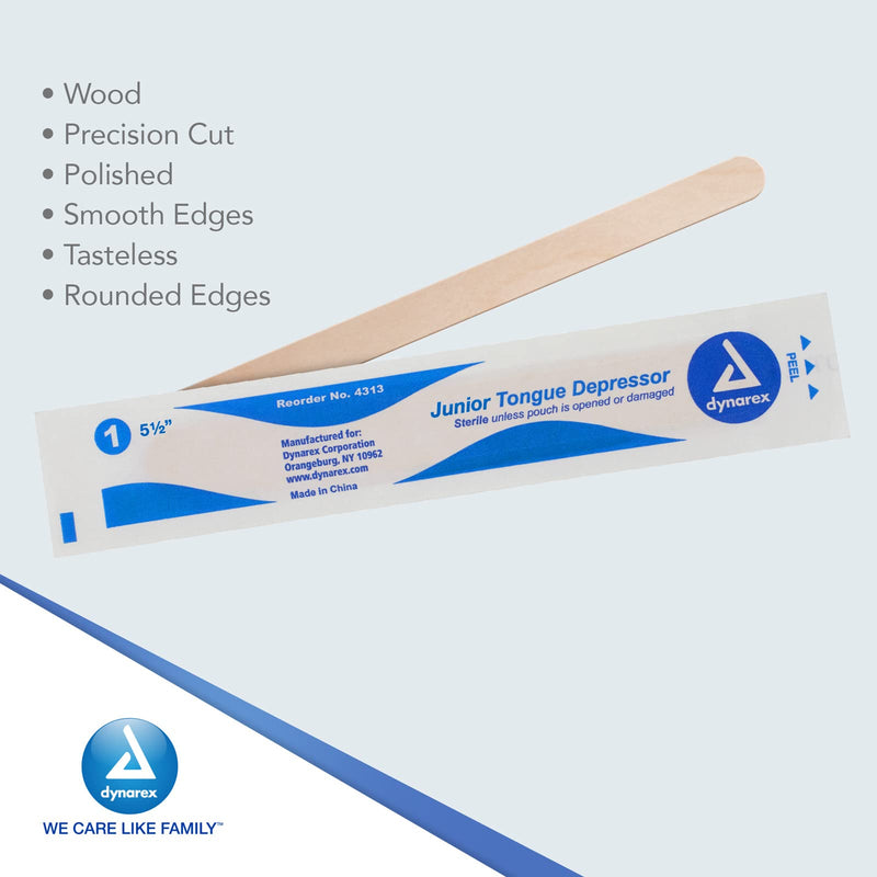 [Australia - AusPower] - Dynarex Tongue Depressors, Sterile, 5.5" Junior-Sized Length, Made from Beige Birch Wood, Comes in Peel-Down Patches, 1 Box of 100 