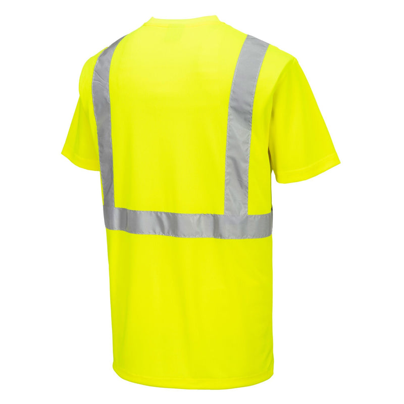 Portwest S198 Hi Vis Pocketless Short Sleeve T Shirt Moisture Wicking Safety Workwear with Reflective Tape, Yellow, M Medium