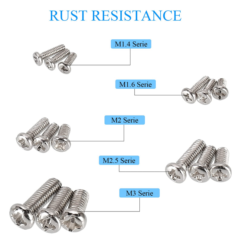 [Australia - AusPower] - 750pcs M1.4/M1.6/M2/M2.5/M3 Phillips Pan Head Small Machine Screws,Tiny Screw,Micro Little Screws,Mini Screw Assortment Kit for Watch,Toy,Electronic Equipment Repair,Nickel-Plated Carbon Steel 