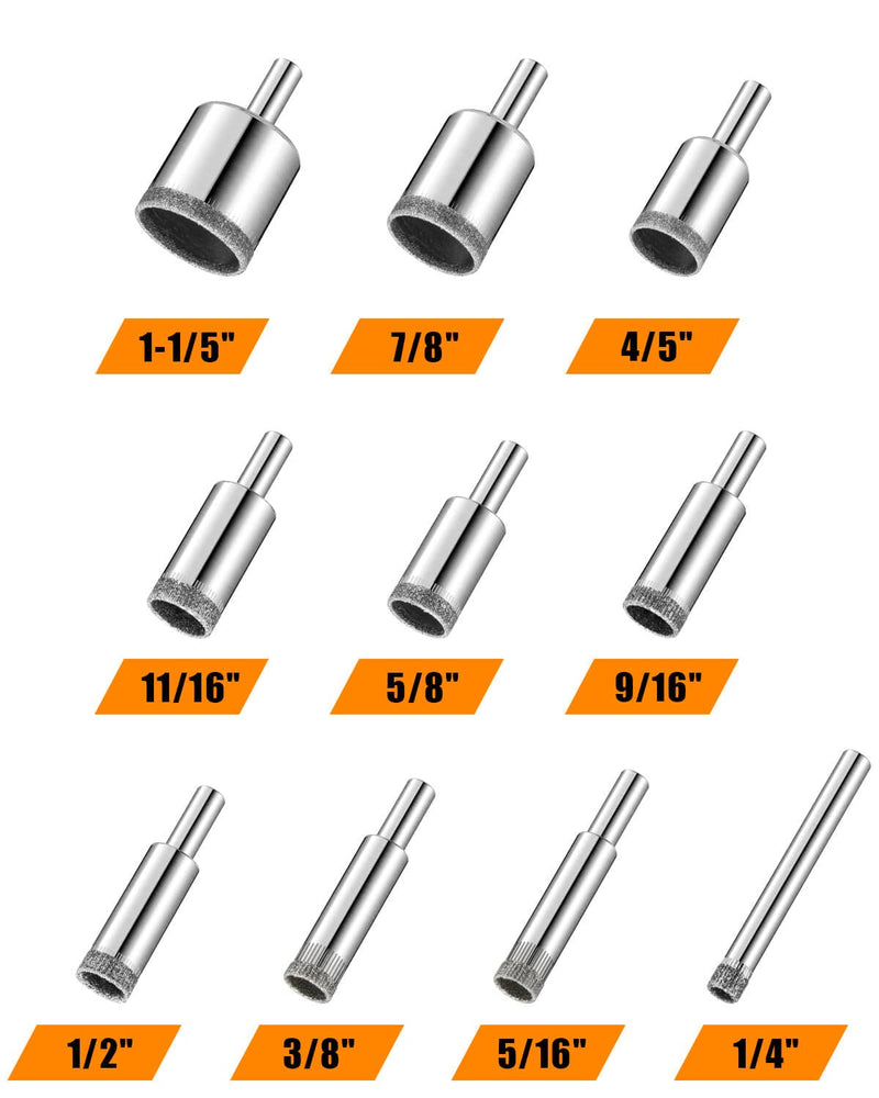 [Australia - AusPower] - Diamond Drill Bits Set, 10 PCS Diamond Hole Saw Set, Glass Drill Bit for Ceramic Tile Porcelain Marble Granite Stone Bottles 10 PCS(1/4"-1 1/5") 