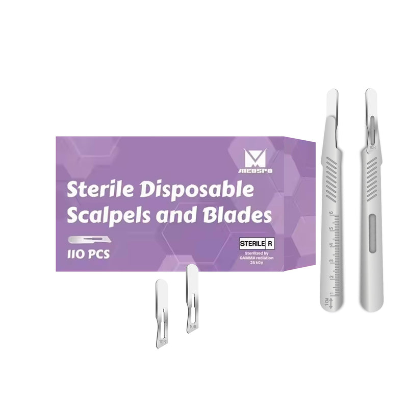 [Australia - AusPower] - Professional Stainless Steel Disposable Set of 10 count Scalpels #3 handle && 100 count Individually packed #10R Dermaplane Blades -10R Scalpel Blades Dermaplaning for Precision Skincare & Smooth Skin 