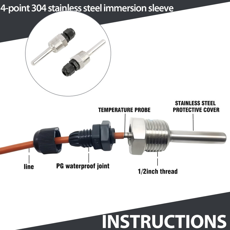 [Australia - AusPower] - Pack of 2 Immersion Sleeve 1/2 Inch, 50 mm Stainless Steel Diving Sleeve G 1/2 Inch Thread, Immersion Protection Tube for Temperature Sensor, 8 x 50 mm Immersion Sleeves for Thermocouples, Protective 