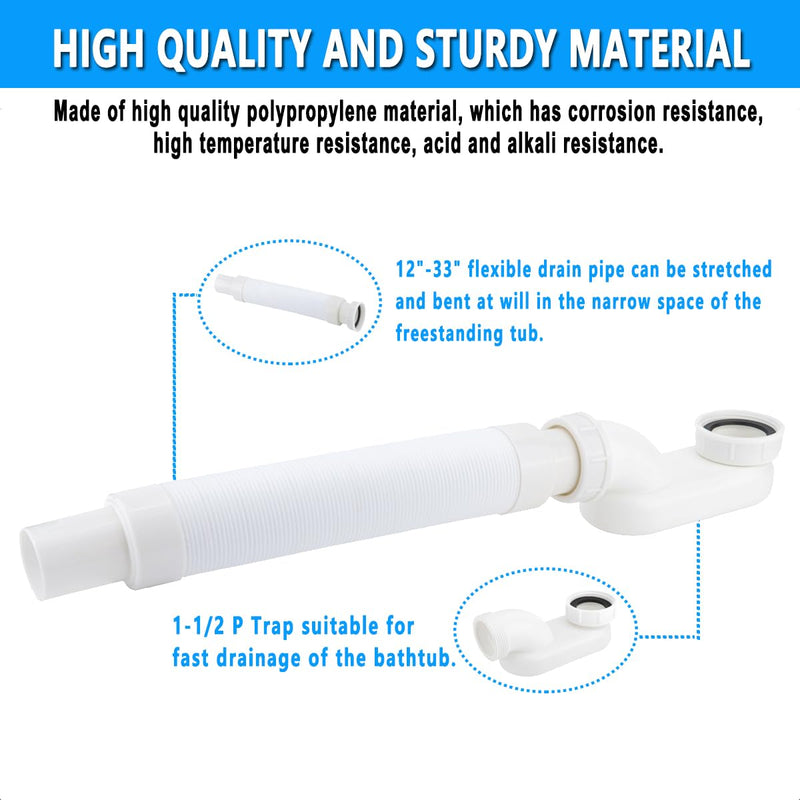 Cinsda Bathtub Shower Drain Pipe, Low Profile Flat 1 1/2 P Trap Kit Flexible Freestanding Tub Drain for Bath
