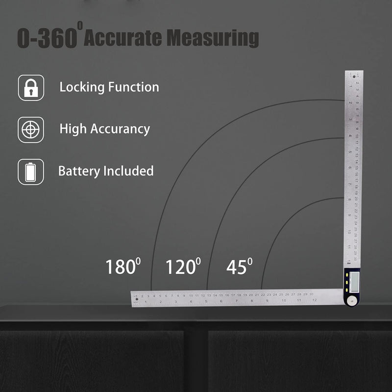 [Australia - AusPower] - Delgada 12 inch/300mm Digital Angle Finder Tool Stainless Steel Digita Protractor Angle Ruler Finder Tool for Woodworking with Zeroing and Locking Function Battery 