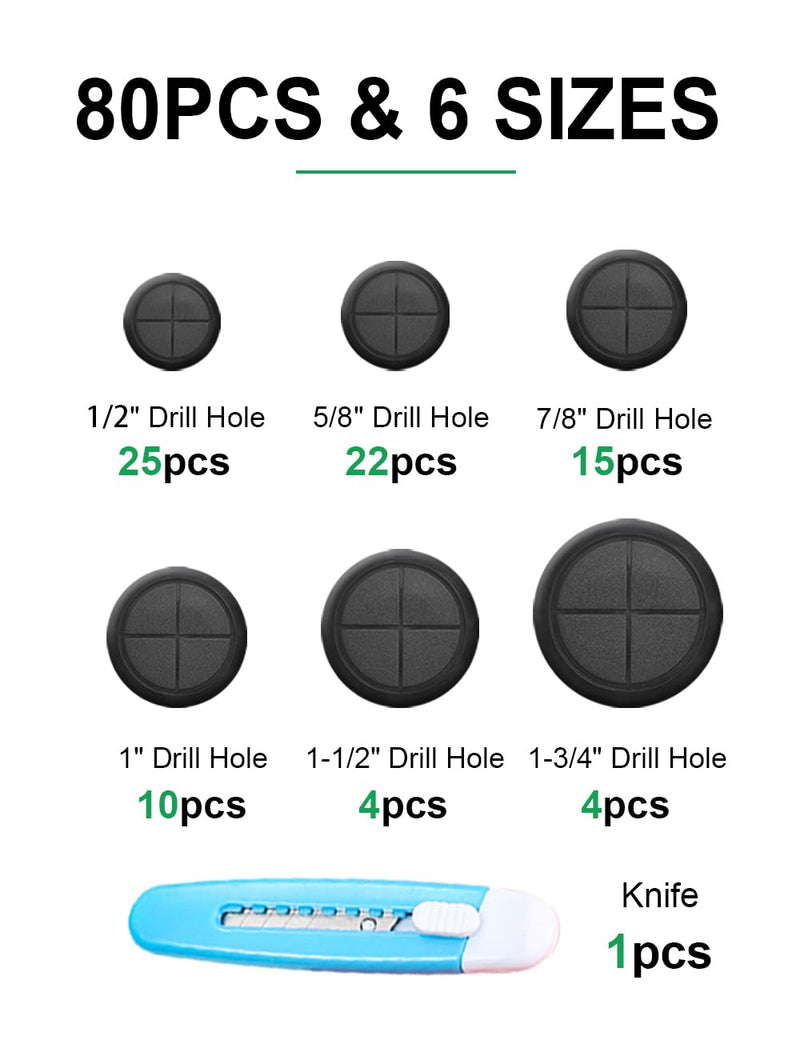 [Australia - AusPower] - EASYEAH 80 Pcs Rubber Grommets Assortment Kit for Wiring 1-3/4 1-1/2 1 7/8 5/8 1/2 Inch Round Hole with 1 PC Knife, Firewall Automotive Rubber Hole Plugs for Electrical Wire Cables Plumbing Protection Black-80Pcs Round 