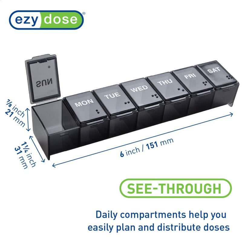 [Australia - AusPower] - EZY DOSE Weekly (7-Day) Pill Case, Medicine Planner, Vitamin Organizer Box, Convenient and Easy to Use, Large Compartments, Travel Friendly, Black, Made in the USA, BPA Free 1 Count (Pack of 1) 