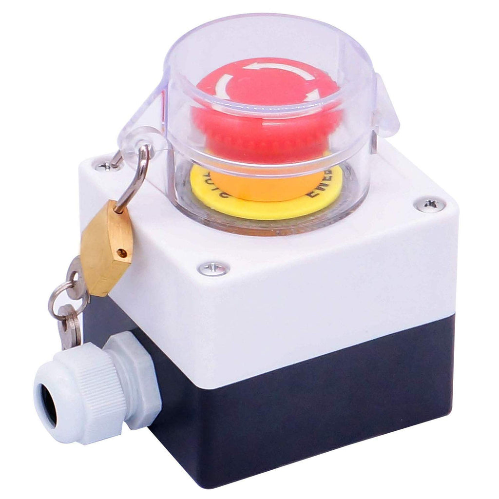 Taiss / 22mm 2 NC Red Mushroom Latching Action Emergency Stop Push Button Switch Cover Station 10A 440V Stop Switch Box with Key Lock LA38A-02ZS/BOX-ZS