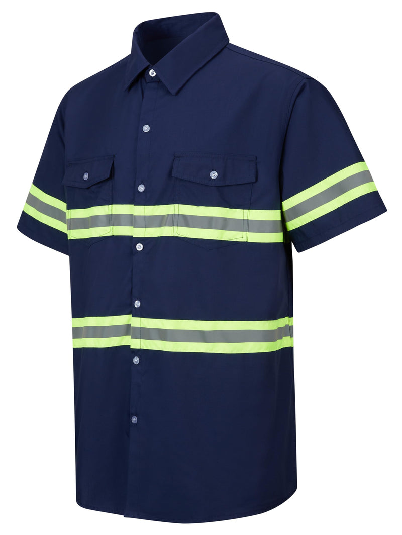 Ousafeve Class 3 Hi Vis Button Up Safety Work Shirts for Men Reflective Medium Navy_short