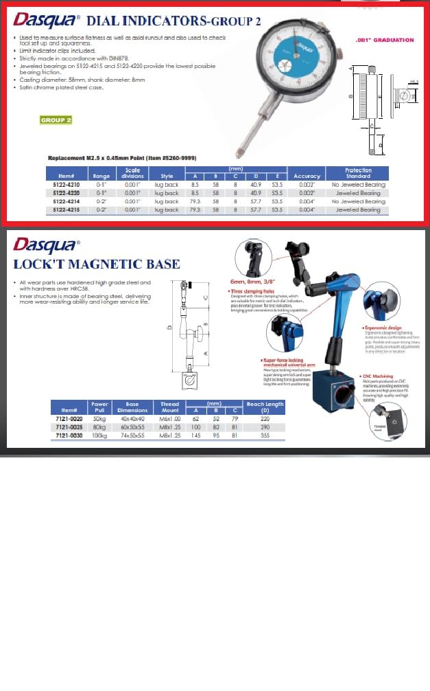 [Australia - AusPower] - Dasqua 5122-4210 0-1" Lug Back Large Measuring Range Dial Indicator Jeweled 0-1" / 0.001" - Lug Back 