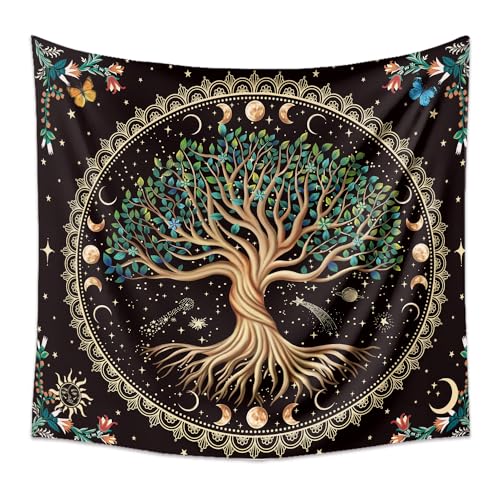 Moon Phase Tree of Life Tapestry Nature Flower Plant Butterfly Tapestries Boho Mandala Spiritual Tapestry Aesthetic Wall Hanging for Home Decor Bedroom Living Room Dorm Decor (70.87" x 90.55", Blue) 90.6"L x 70.9"W