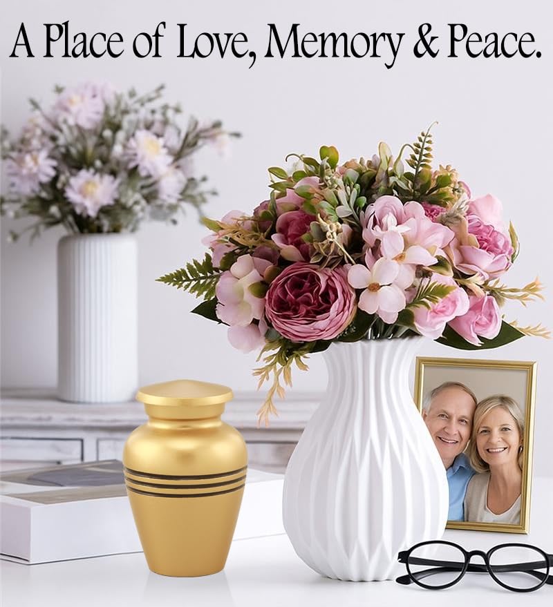 Serenity Keepsake Urn for Human & Pet Ashes – Mini Cremation Urn with Velvet Bag & Funnel – Elegant Metal Memorial Urn with Accent Bands – Small Tribute Urn (Gold) Gold-1