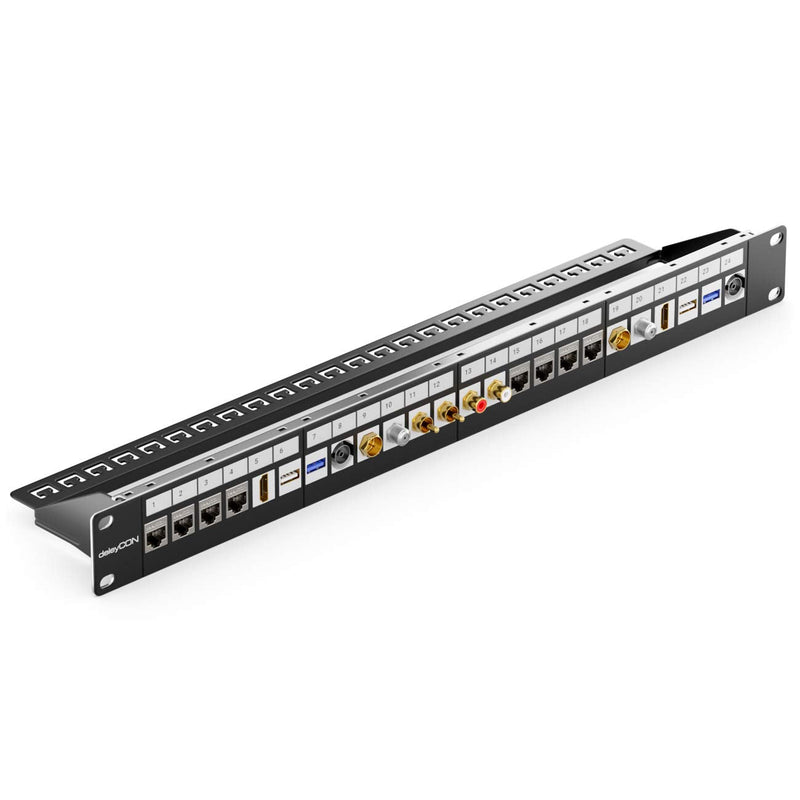 deleyCON 24 Port Patch Panel Keystone 1 HE 19 Inch Black | Modular for Keystone Module, Rack Installation, Compatible CAT5 CAT6 CAT7 CAT8, LAN Network Installation Cable