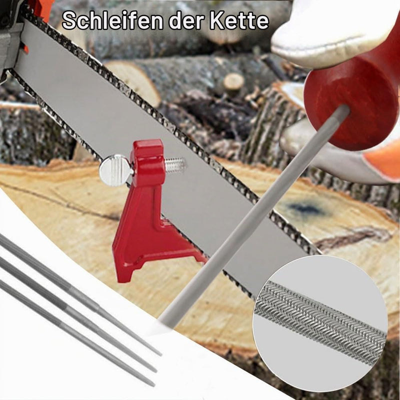 Chainsaw Sharpening Files Kit, Chainsaw Sharpener Files Set, Chainsaw Sharpener Includes Chainsaw Blunt, Round File, Sharpening Guides, Depth Gauge, Flat File, Wooden Handle, Lightweight Field Bag