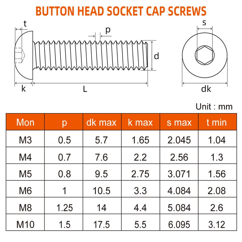 [Australia - AusPower] - M5 x 16mm Button Head Hex Socket Cap Screws, 10.9 Grade Alloy Steel, Black Oxide Finish, 100 PCS M5 x 16mm 