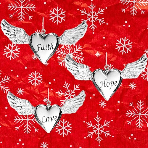 Faith Hope Love Angel Wings Ornaments Set of 3 – Heart Shaped Inspirational Hanging Décor – Christmas Tree Ornaments or Year-Round Memorial & Spiritual Home Decor – 4 Inch Keepsake Gifts