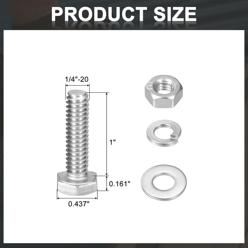 [Australia - AusPower] - uxcell 20 Set Hex Head Nuts and Bolts Assortment Kit, 304 Stainless Steel 1/4-20 x 1 Hex Head Bolts with 1/4" Nuts and Washers for Construction, Machinery Manufacturing 1/4-20 x 1" 