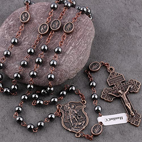 HanlinCC Catholic Rosary Necklace Saint Michael Medal Hematite Stone Beads Anti-Copper St.Michael Rosary
