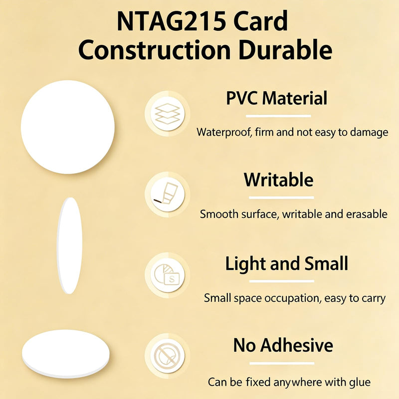 100 PCS NFC Tags Ntag215 Cards Blank NFC Coins Cards Rewritable NFC215 Tag NFC Chip Round 25mm, Compatible with Tagmo and NFC-Enabled Mobile Phones and Devices (No Adhesive) White-nfc Tags 100PCS