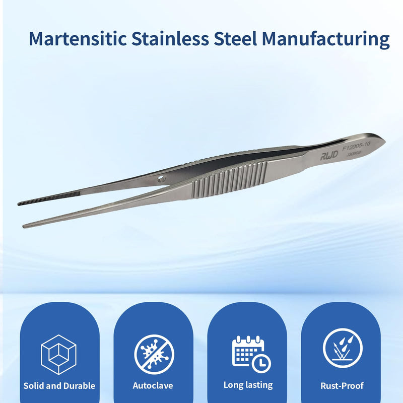 [Australia - AusPower] - RWD IRIS Dressing Forceps 4", Martensitic Stainless Steel Medical Tweezers, 1mm Width Serrated Straight Tip, Micro Forceps Tweezer, Surgical Tweezer for High-Precision Handling (F12005-10) 4'' (F12005-10) 