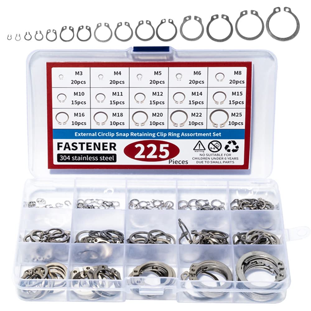 225Pcs External Retaining Rings Snap Rings Assortment Kit, 304 Stainless Steel External C-Clip Set, 15 Sizes Circlip Snap Rings M3 - M25… 225pcs C-clip stainless steels